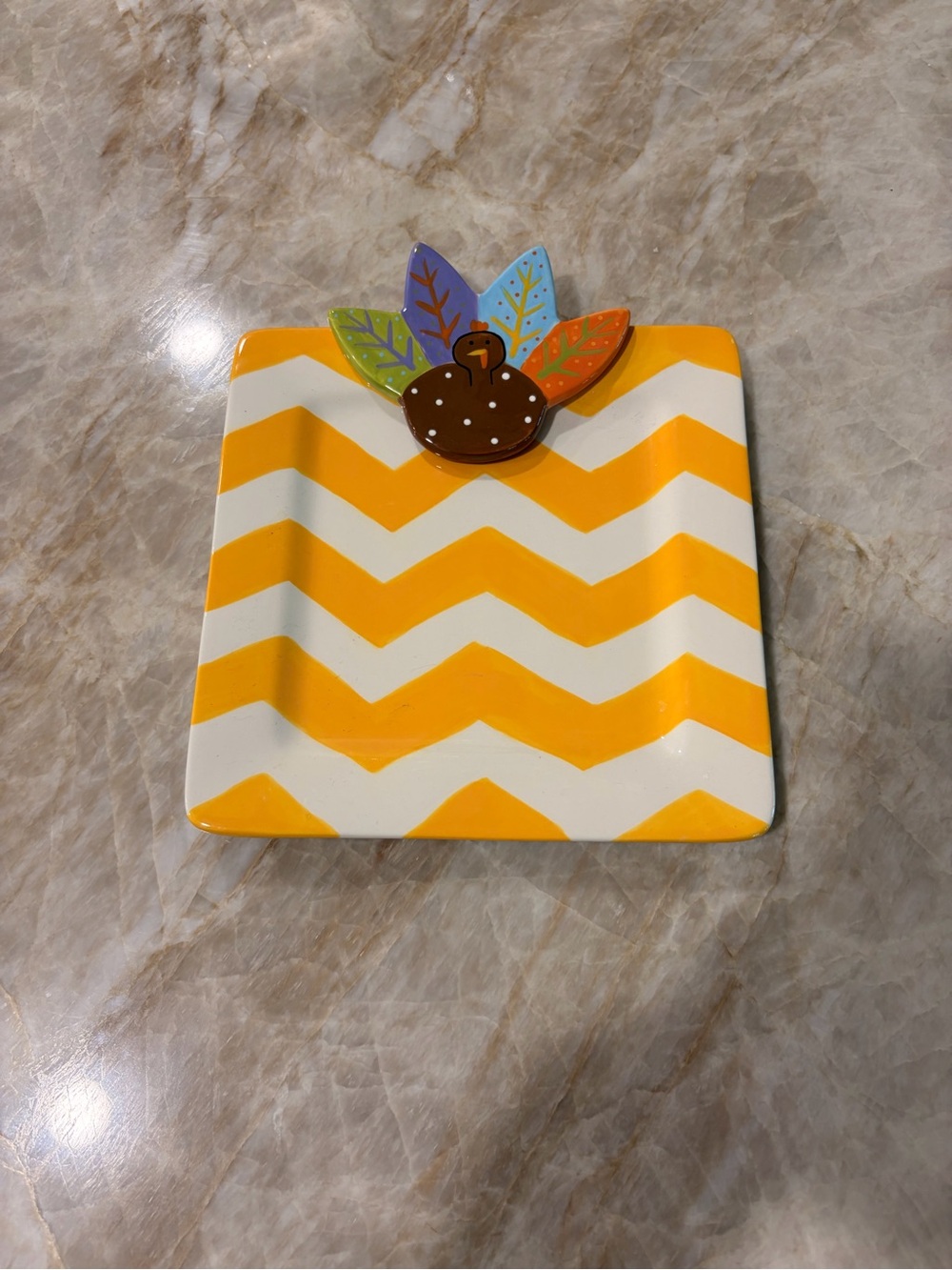 COTON COLORS Festive Yellow Chevron Ceramic Plate with Turkey Accent Perfect!